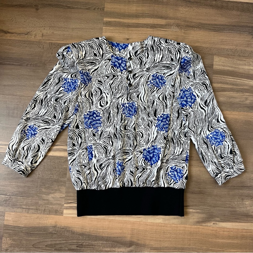 Vintage 80s Evanna Pleated Skirt & Blouse Set - Zebra & Blue Flower Print - Sz M - Picture 5 of 17